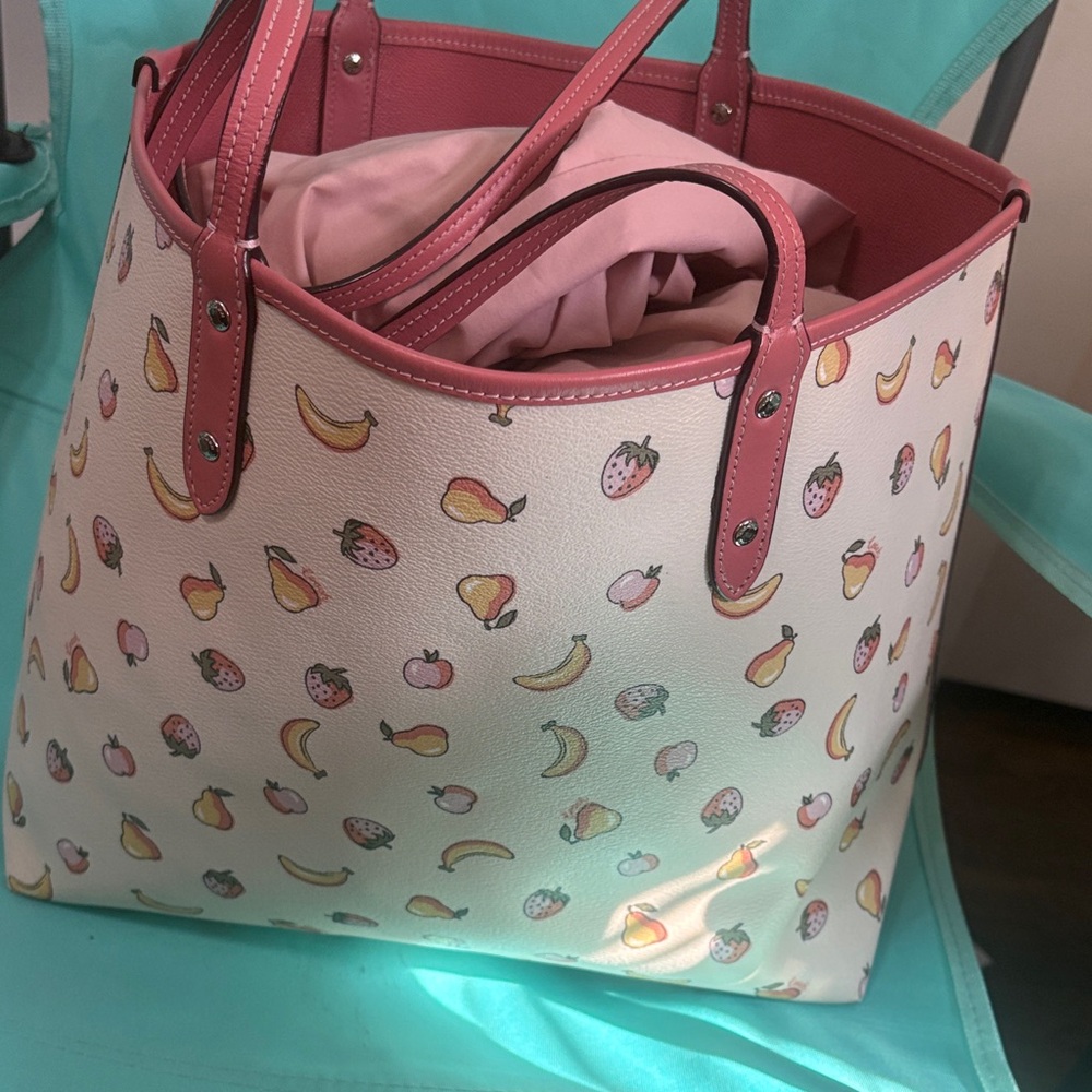 Coach Reversible City Peony Pink Trim White Fruit-Print Leather Tote - Picture 2 of 8